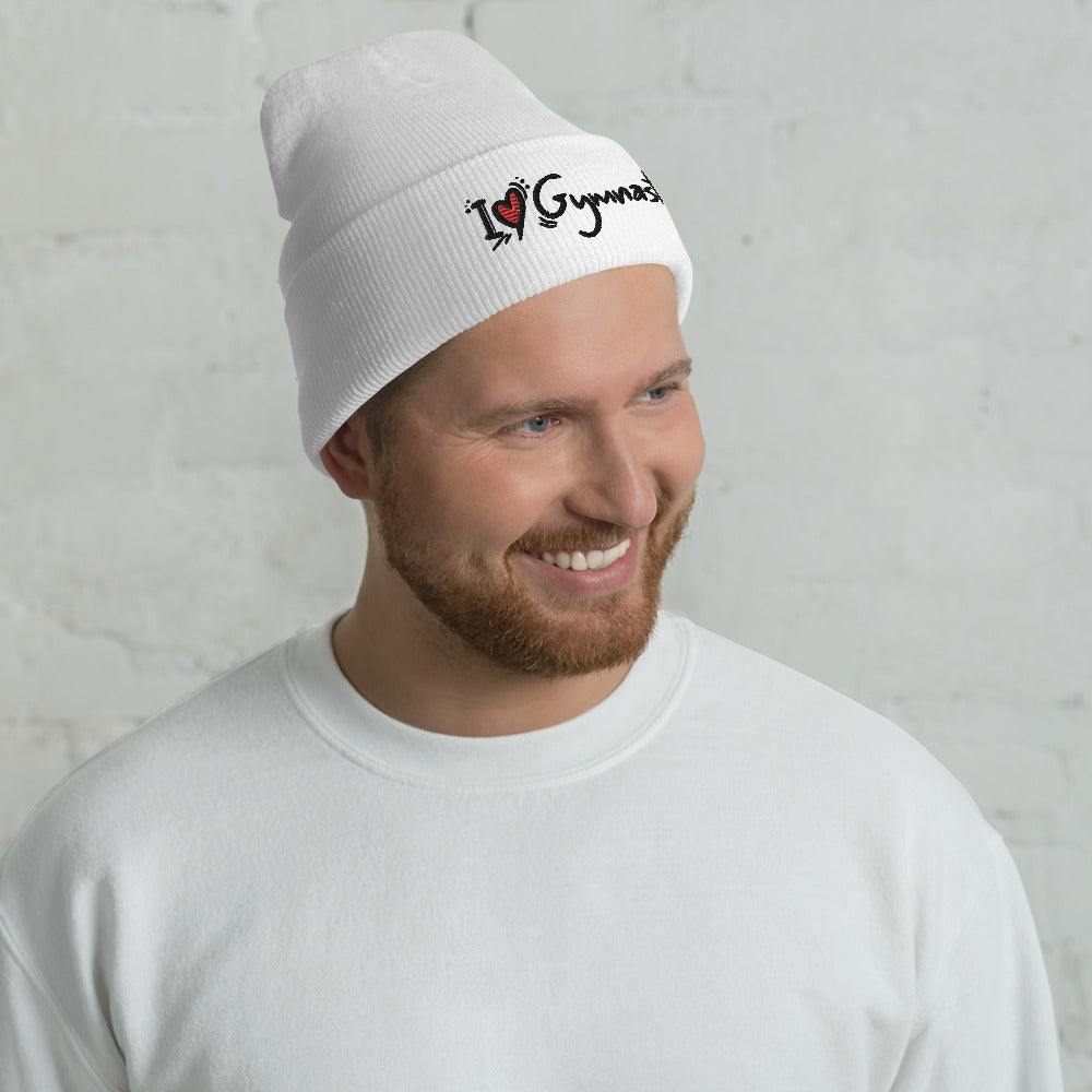 I Love Gymnastics (geborduurd) - Witte beanie met omgeslagen rand