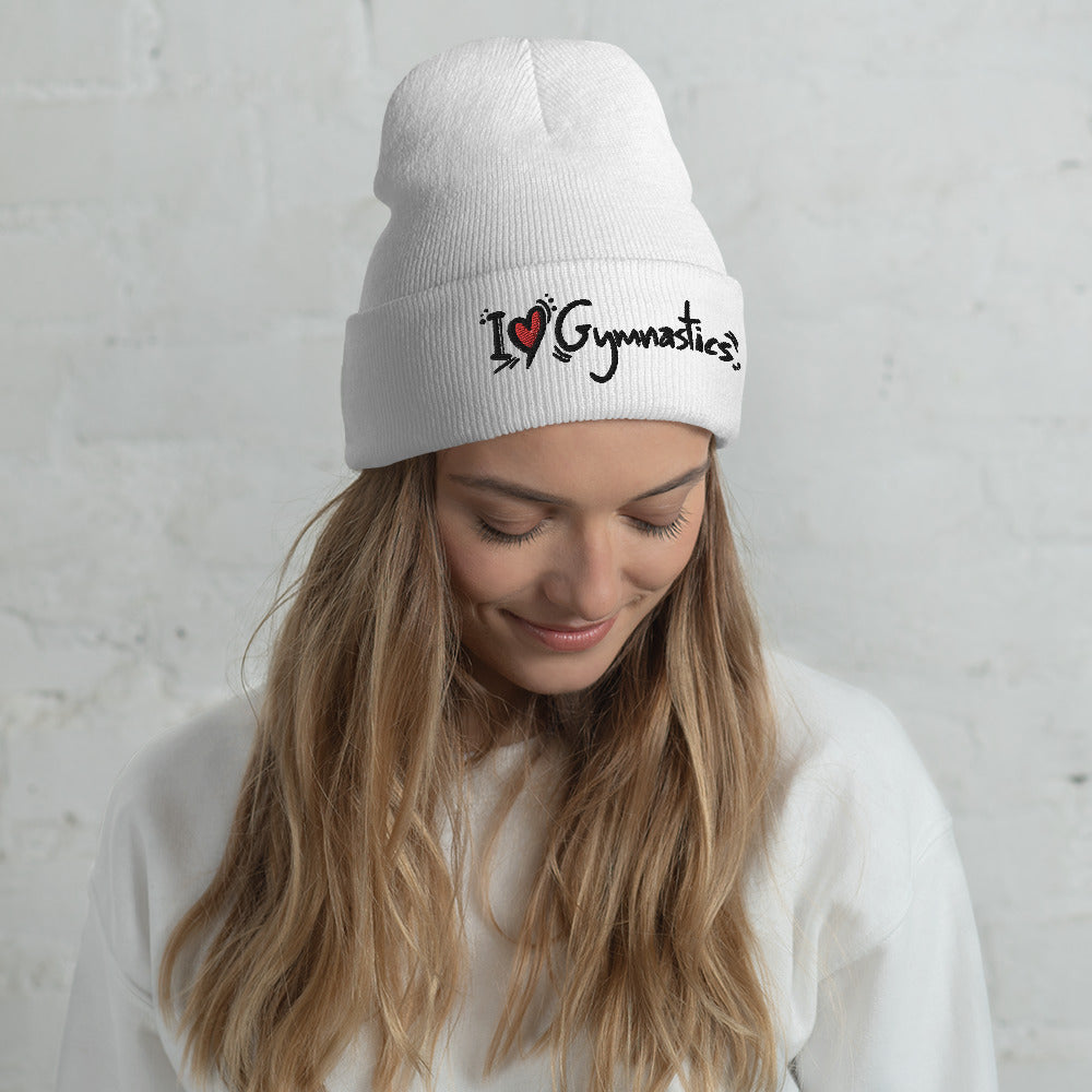 I Love Gymnastics (geborduurd) - Witte beanie met omgeslagen rand