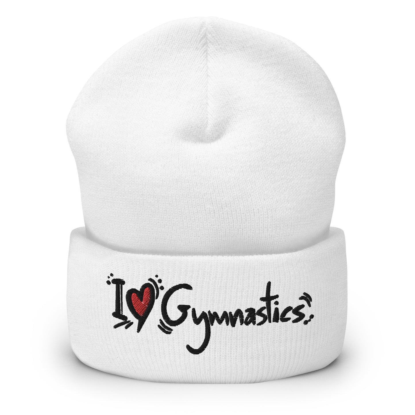 I Love Gymnastics (geborduurd) - Witte beanie met omgeslagen rand